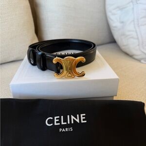 Celine Black Leather Belt with Gold Triomphe Buckle